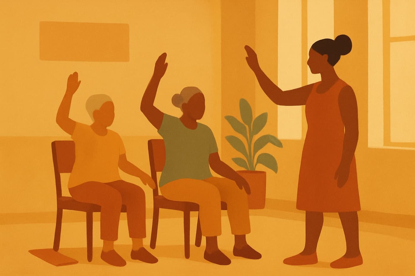 Older adults at a gentle seated and standing movement class
